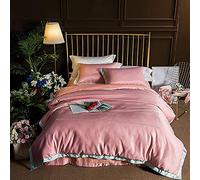 SLOPSS Set Size 4Pcs Satin Silk Duvet Fitted Sheet Pillow Cases Bedroom Quilt Cover Bedding Sets Double (Pink King)