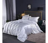 SLOPSS Sets 4pcs Silk Bedding Satin Luxury Queen King Size Set Duvet Quilt Cover Linen Pillowcase Single Double Bedclothes-Camel_2.0m (White 2.0m Bed)