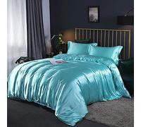 SLOPSS Sets 4pcs Silk Bedding Satin Luxury Queen King Size Set Duvet Quilt Cover Linen Pillowcase Single Double Bedclothes-Camel_2.0m (Blue 2.0m Bed)