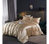 SLOPSS Sets 4pcs Silk Bedding Satin Luxury Queen King Size Set Duvet Quilt Cover Linen Pillowcase Single Double Bedclothes-Camel_2.0m (Champagne 2.0m Bed)