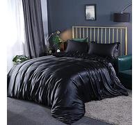SLOPSS Sets 4pcs Silk Bedding Satin Luxury Queen King Size Set Duvet Quilt Cover Linen Pillowcase Single Double Bedclothes-Camel_2.0m (Black 1.8m Bed)