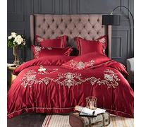 SLOPSS Sets Cotton White Size Bedding Duvet Covers Set Quilt Cover Twin Double 220&Times;240Cm Silk Satin Embroidery 4Pcs COT (Red King)