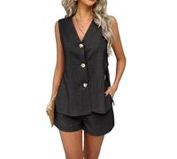 SLOPSS Shorts Summer Shorts Set da Donne Socchi da 2 Pezzi, Bottoni a Netto a V Khaki Pulsanti Cavi Elastica Pantaloni Caldi Set Casual Slim COT Loungewear co ORD Outfit