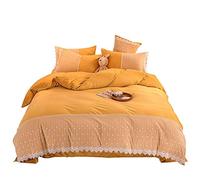 SLOPSS Size Winter Duvet 4 PCS Bedding Set Double Bed Quilt Cover Sets Flat Sheet Twin Lace European Style Green Pink Soft Flannel Thick Warm Fabric (Yellow King)