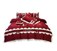 SLOPSS Sticks Long-Staple Cotton Love Embroidery Four-Piece Bowknot Quilt Cover Lace Wedding Bedding (Color Size 1.5m) (Red 5 Piece Suit)