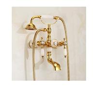 SLOPSS Telephone Booth Style Gold Bathtub Faucet Brass Wall Mounted Bathtub Faucet Set with Cold And Hot Double Handle Bathtub Faucet Shower with Handheld Shower,White Jade