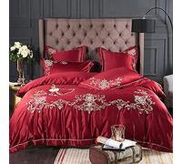 SLOPSS White King Size Bedding Duvet Covers Set Quilt Cover Twin Double 220&Times;240Cm Silk Satin Embroidery 4Pcs Cotton 100% (Red Queen)