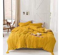 SLOPSS Winter Duvet 4 PCS Bedding Set Double Bed Quilt Cover Sets Flat Sheet Twin Thicken Flannel Super Soft Warm Cosy Knitting (Yellow Queen)