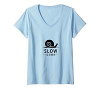 Slow Down Snail Art: Mindful Living ispiratrice Maglietta con Collo a V, Donna, Celeste, L