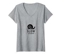 Slow Down Snail Art: Mindful Living ispiratrice Maglietta con Collo a V, Donna, Grigio Melange, S