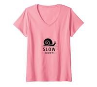 Slow Down Snail Art: Mindful Living ispiratrice Maglietta con Collo a V, Donna, Rosa, S