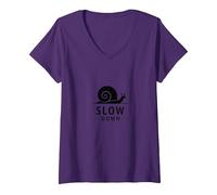 Slow Down Snail Art: Mindful Living ispiratrice Maglietta con Collo a V, Donna, Viola, XL