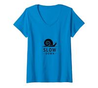 Slow Down Snail Art: Mindful Living ispiratrice Maglietta con Collo a V, Donna, Zaffiro, L