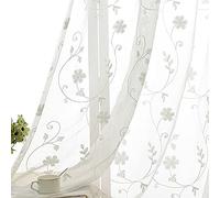 SLOW SOUL Set di 2 tende floreali ricamate bianche per soggiorno-sala da pranzo Tende Country House con tasca sul gambo 132 x 200 cm (L x A)