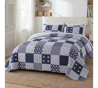 SLPR Americana Pride - Set di biancheria da letto 2 pezzi, per letto matrimoniale con 1 federa, biancheria da letto patriottica leggera in blu e bianco con motivi a stelle e quadri, copriletto