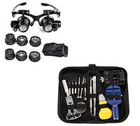 SLS SHOP Kit Riparazione Orologi Professionale Apri Casse Maglie Con Borsello 13 Pezzi + occhiali ingrandimento con luce led e 4 differerenti lenti 10X 15X 20X25X