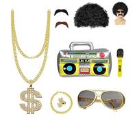 SLshiBo Costume da hip hop 9 pezzi costume da magnaccia oro 80 anni 90 costume da rapper accessorio con collana dollari anello oro occhiali da sole gonfiabili boombox uomo parrucca da uomo ecc. per