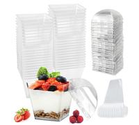 SLTAXAR 50 Pezzi Tazze da Dessert 4OZ/110-120ml con Coperchi Coppette da Dessert di Plastica Bicchieri da Dessert Plastica Riutilizzabili per Budino Gelato Tiramisù, Quadrati