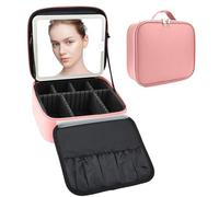SLUMAZI Beauty case con specchio a LED, organizer da viaggio con 3 impostazioni di illuminazione, divisori regolabili e contenitore per pennelli da trucco, Rosa, La borsa di trucco di viaggio di