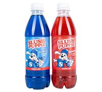 Slush Puppie Sciroppo Confezione da 2 gusti. Include iconici aromi di lampone blu e fragola. 2 bottiglie da 500 ml. Prodotto ufficiale Slush Puppy Gusti classici di granita.