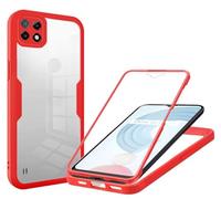 SLWYF Kompatibel mit Realme C21 Hülle Eingebauter displayschutz 360 Grad Rundumschutz Handyhülle, Militärischer Stoßfest TPU Bumper Schutzhülle Robuste Durchsichtige Kratzfest Case, Rot