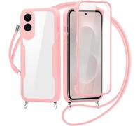 SLWYF Kompatibel mit Samsung Galaxy S25 Edge Hülle Eingebauter displayschutz 360 Grad Rundumschutz Transparent Handyhülle, mit Kette Abnehmbar zum Umhängen Kordel Schutzhülle, Rosa