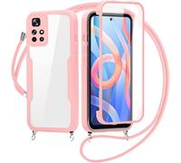 SLWYF Kompatibel mit Xiaomi Poco M4 Pro/Redmi Note 11 5G Hülle Eingebauter displayschutz 360 Grad Rundumschutz Transparent Handyhülle, mit Kette Abnehmbar zum Umhängen Kordel Schutzhülle, Rosa