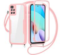 SLWYF Kompatibel mit Xiaomi Redmi 10/Redmi 10 Prime Hülle Eingebauter displayschutz 360 Grad Rundumschutz Transparent Handyhülle, mit Kette Abnehmbar zum Umhängen Kordel Schutzhülle, Rosa