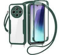 SLWYF Kompatibel mit Xiaomi Redmi 14C 4G Hülle Eingebauter displayschutz 360 Grad Rundumschutz Transparent Handyhülle, mit Kette Abnehmbar zum Umhängen Kordel Schutzhülle, Grün