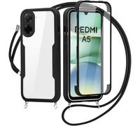 SLWYF Kompatibel mit Xiaomi Redmi A5 Hülle Eingebauter displayschutz 360 Grad Rundumschutz Transparent Handyhülle, mit Kette Abnehmbar zum Umhängen Kordel Schutzhülle, Schwarz