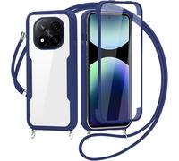 SLWYF Kompatibel mit Xiaomi Redmi Note 14 Pro 4G Hülle Eingebauter displayschutz 360 Grad Rundumschutz Transparent Handyhülle, mit Kette Abnehmbar zum Umhängen Kordel Schutzhülle, Blau