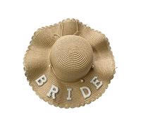 SLXLYH Cappello da sposa in paglia con perla/lettera MRS, decorazione da donna con tesa ondulata, per donne al mare, decorazione a tesa larga, Marrone sposa, Taglia unica