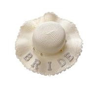 SLXLYH Cappello da sposa in paglia con perla/lettera MRS, decorazione da donna con tesa ondulata, per donne al mare, decorazione a tesa larga, BRIDE bianco, Taglia unica