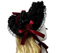 SLXLYH Cappello in paglia intrecciata in pizzo con design serie scuro e grande fiocco, elegante cappello a cofano per donne feste a tema e Halloween (modello nero e rosso)