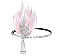 SLXLYH Elegante fascia elastica per capelli anni '20 con foglie e piume, per feste di nozze ed eventi formali, comoda fascia elastica (rosa e argento)