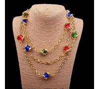 SLXWSXZE 3 Strands 17x23mm Green Blue Red Glass Gold Plated Chain Necklace