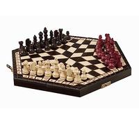 Small 3 Player Chess Set - 32cm Hexagonal Board Without Notation/Edge Numbers, Brown, White And Red Pieces