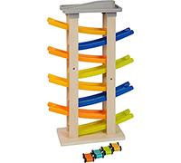Small Foot Pista con Piano di parcheggio, in Legno e plastica, Molto Alta con 8 Rampe e 4 macchinine, da 18 Mesi, 11963 Toys, Multicolore