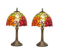 Small Lamp Stained Glass Table Lamp, Antique Bedside Accent Lamp, 8X8X15 inch Desk Reading Light Decor Beside Bedroom Living Room Home Study Office 2pcs,Rose