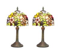 Small Lamp Stained Glass Table Lamp, Antique Bedside Accent Lamp, 8X8X15 inch Desk Reading Light Decor Beside Bedroom Living Room Home Study Office 2pcs,Grape