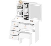 Small Makeup Vanity Desk with Sliding Illuminated Mirror, Girl Bedroom Vanity Table with Adjustable 3 Color LED Lights, 6 Drawers, Chair, Open/Hidden Shelves, White Makeup Table for Bedroom (White)