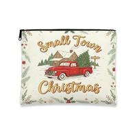 Small Town - Trousse per cosmetici natalizi, con camion rosso vintage, borsa da viaggio invernale per donne, organizer portatile in tela con cerniera, borsa da toilette per la cura della pelle delle