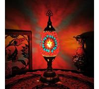Small Turkish Moroccan Table Lamp Handcrafted Mosaic Stained Glass Lampshade Bedside Night Lamp, Vintage Bohemian Decorative Desk Light for Bedroom Office Living Room,Red