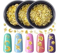 SmallCat 3 ciondoli dorati per nail art, a forma di stella marina 3D, conchiglie per nail art, in metallo, stelle, luna, strass, accessori decorativi per manicure fai da te