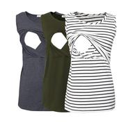 Smallshow Canottiere per Donna maternità Infermieristica Senza Maniche Top Canotta Allattamento in 3 Pezzi Army Green-Deep Grey-White Stripe S
