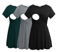 Smallshow Maglia Allattamento Donna Maniche Corte Maglietta Premaman 3-Pack,Black-Deep Green-Light Grey,XL
