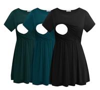 Smallshow Maglia Allattamento Donna Maniche Corte Maglietta Premaman 3-Pack,Black-Deep Green-Teal,XXL
