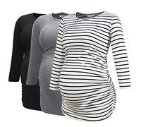 Smallshow Piani di maternità per Le Donne 3/4 Manica Increspato Vestiti Incinta 3 Confezioni,Black/Grey/White Stripe,L