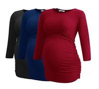 Smallshow Piani di maternità per Le Donne 3/4 Manica Increspato Vestiti Incinta 3 Confezioni,Black/Navy/Wine,S
