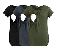 Smallshow Set da 3 Maglia da Allattamento Donna Maniche Corte T-Shirt,Army Green-Black-Deep Grey,XXL